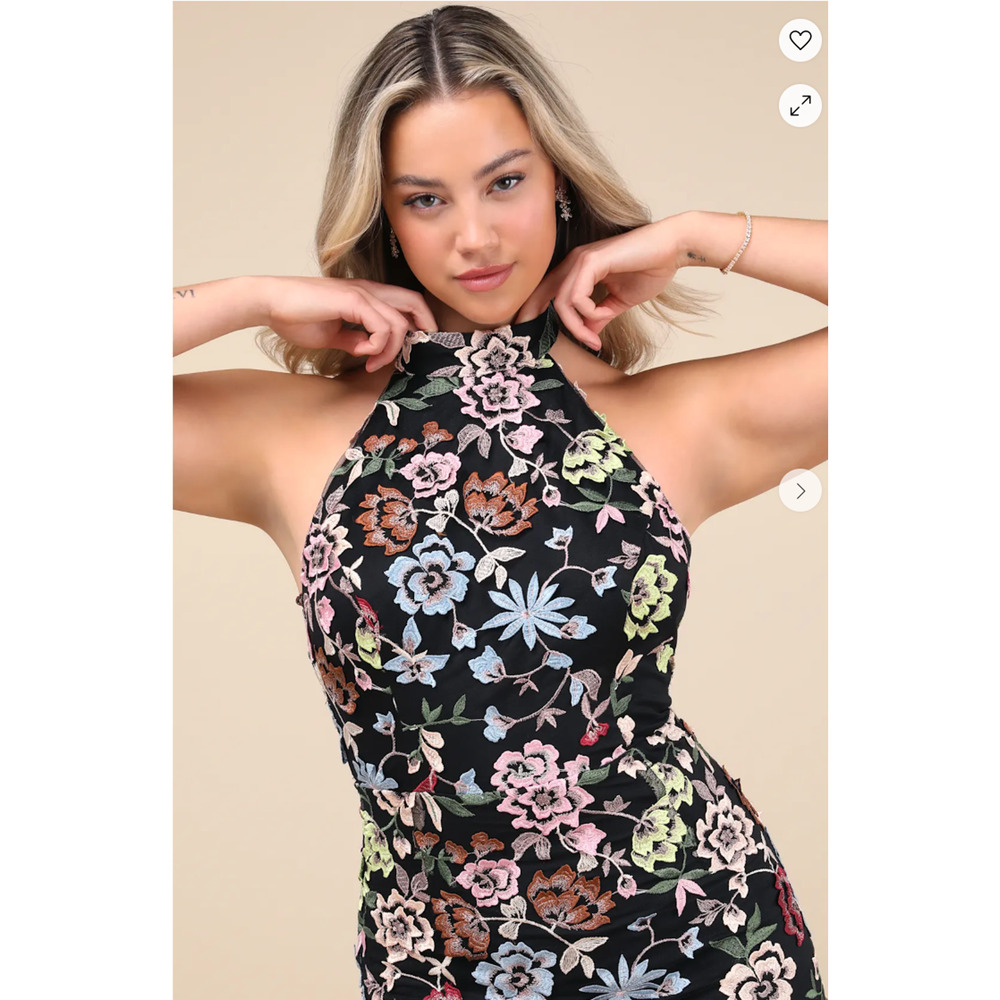 Lulus Black 3D Floral Embroidered Halter Infinite Praise Maxi Dress Size M - Picture 9 of 13